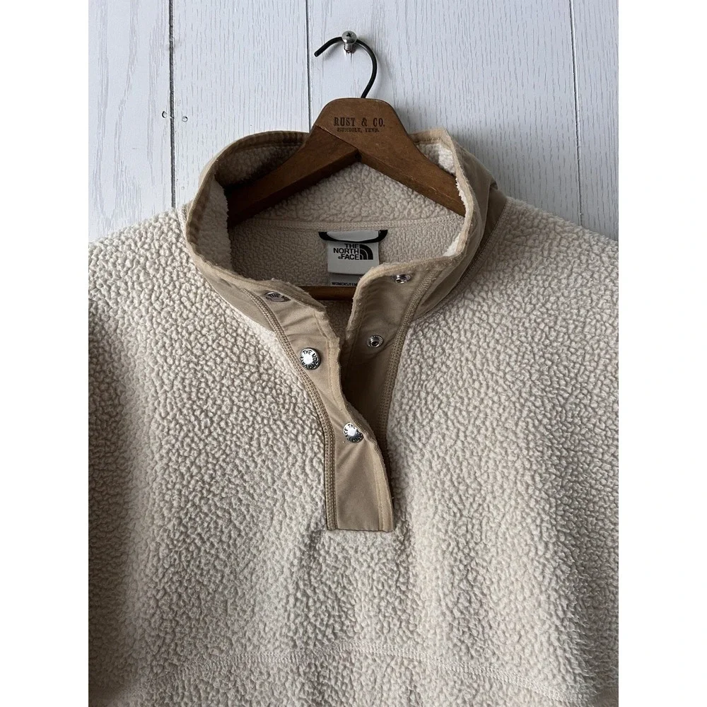VINTAGE North Face Cragmont Pullover Jacket Deep Pile Fleece T Snap LARGE CREAM